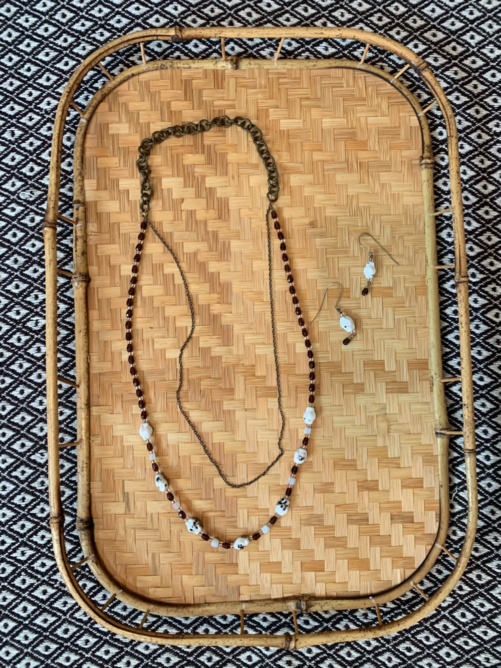 Handcrafted White and Brown Beaded Necklace & Earring Set